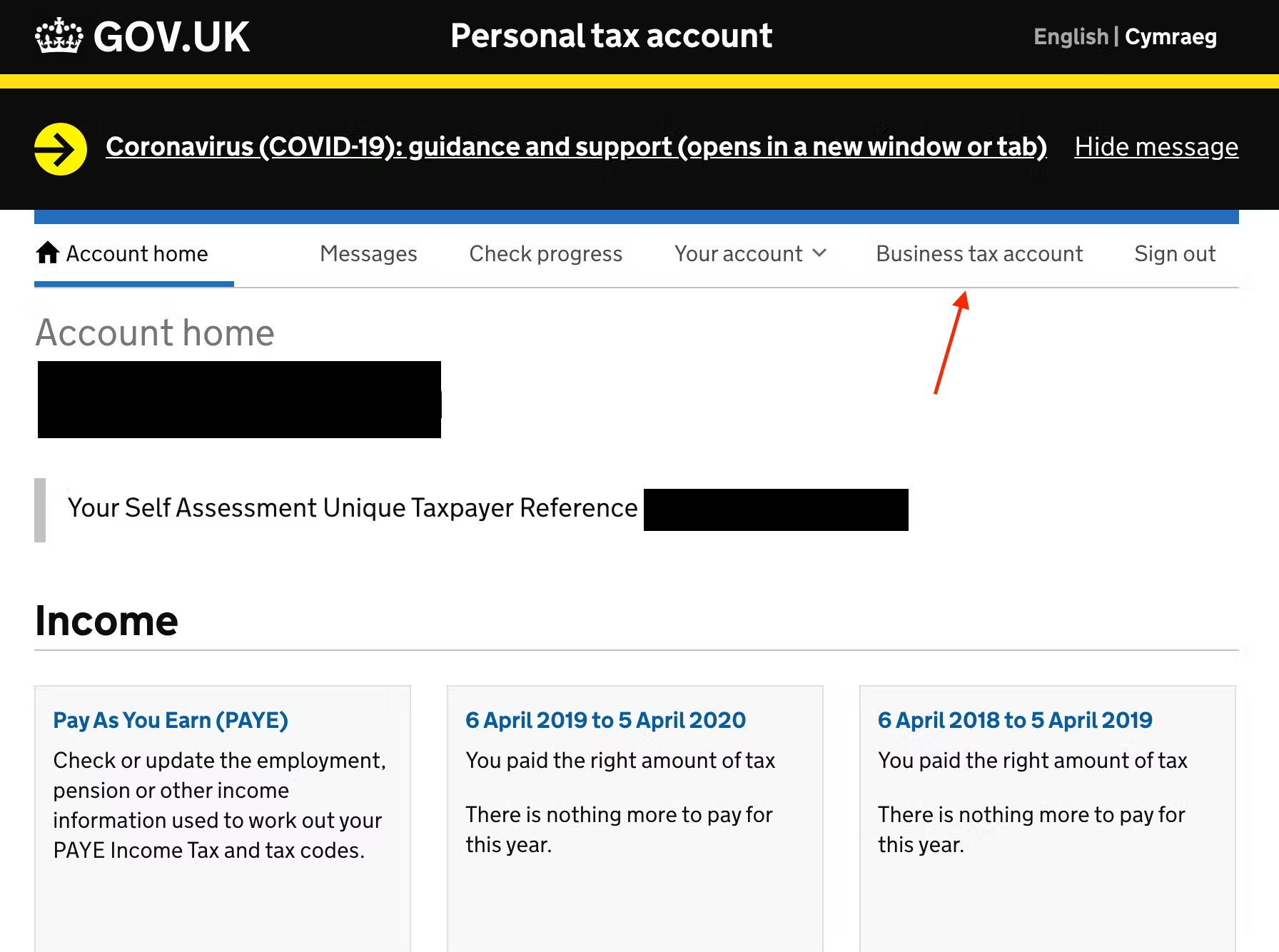Select ‘Business tax account’ 