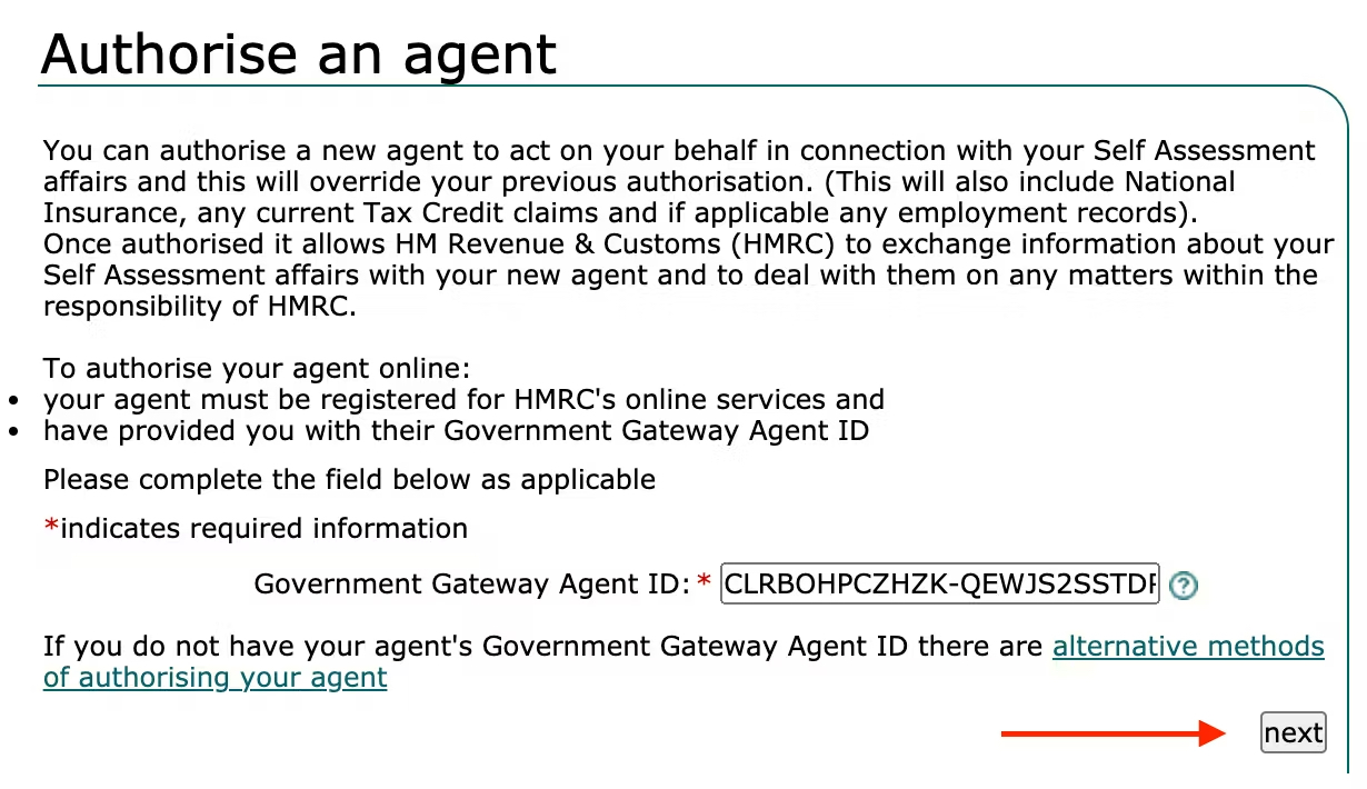 Input the Agent’s Government Gateway Code